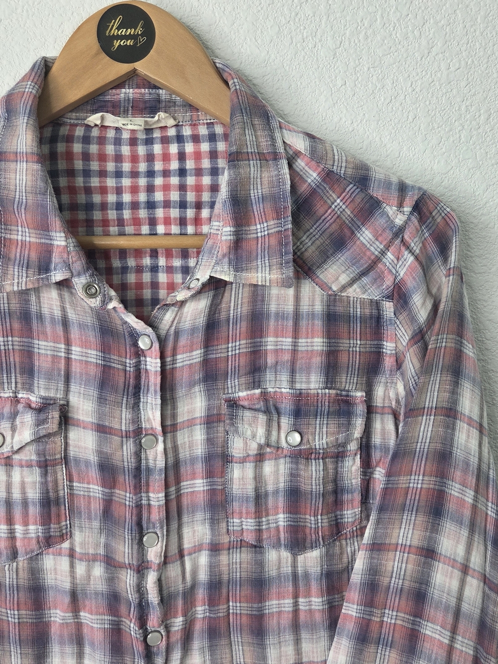 lovestitch Pink and Blue Washed Plaid Snap-Front Shirt, Size Large